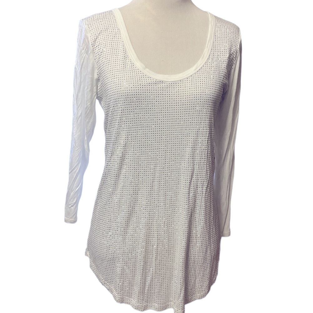 White 3/4 length sleeve T-shirt, silver shiny embellishments all over the front